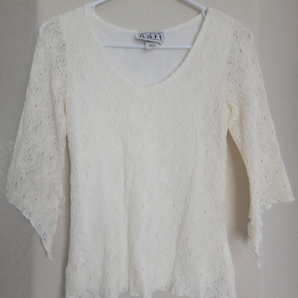 Keren Hart V Neck Lace Pullover Blouse Womens Small Ivory 3/4 Sleeve Lined Shirt